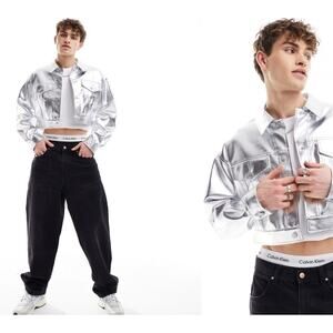 ASOS DESIGN Co-ord cropped retro trucker jacket in silver leather look Large NWT